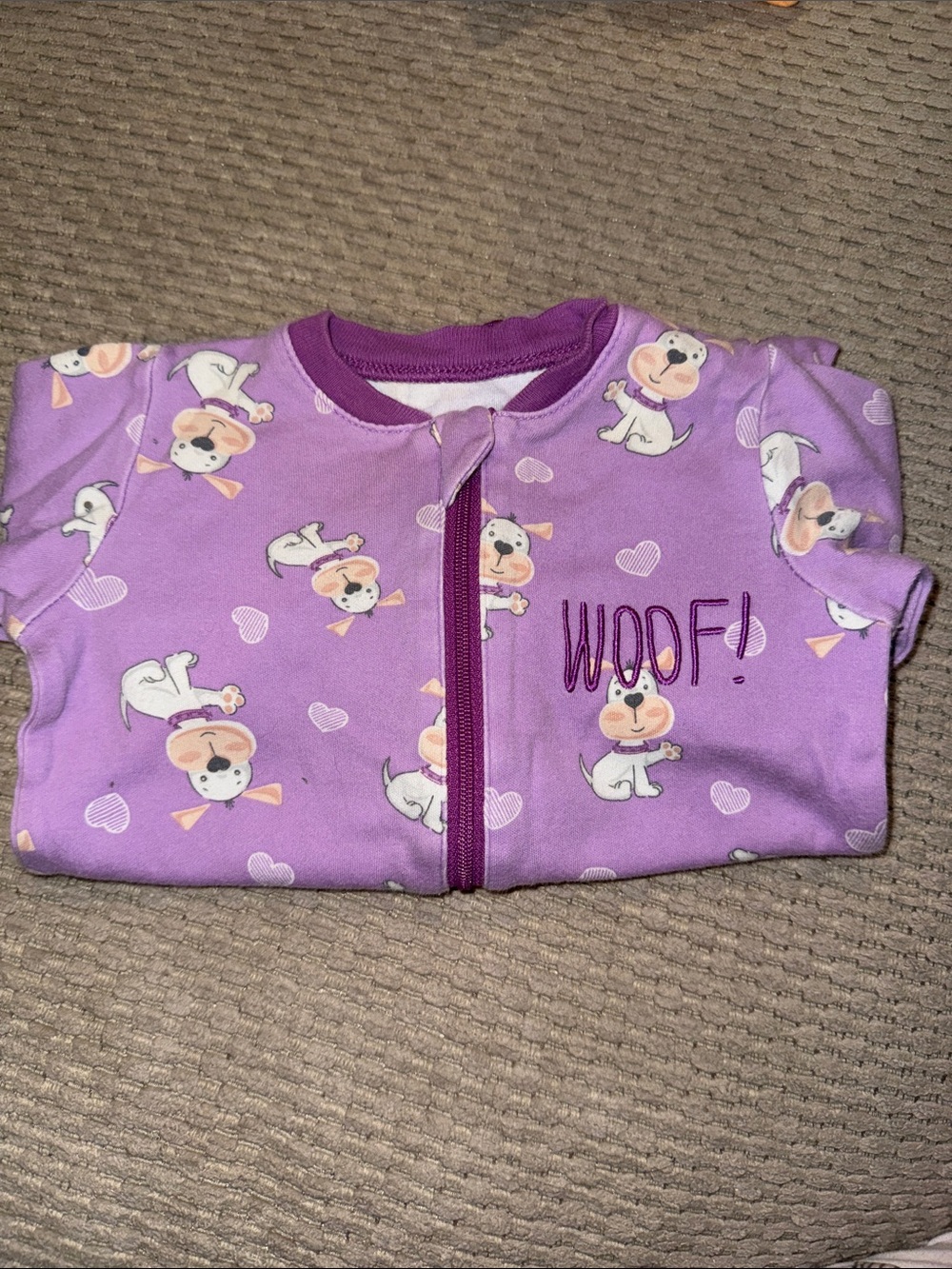 🍄3m VTG Tuffy Purple babys “WOOF” One Piece with Puppy Print